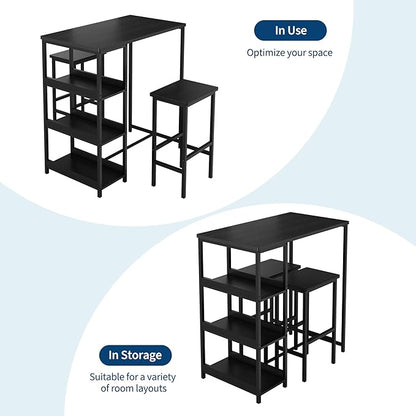 GarveeHome 3-Piece Kitchen Table Set with Storage Shelves & 2 Bar Stools - Iron and Wood Dining Table for Small Spaces, Apartments, Condos, Black
