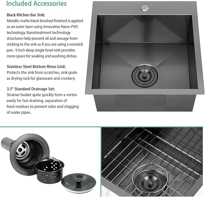 FRANIC 18" Handmade Black Bar Workstation Sink, 18" x 18" x 9" Stainless Steel Matte Nano Black Topmount Single Bowl Small Kitchen Outdoor Sink