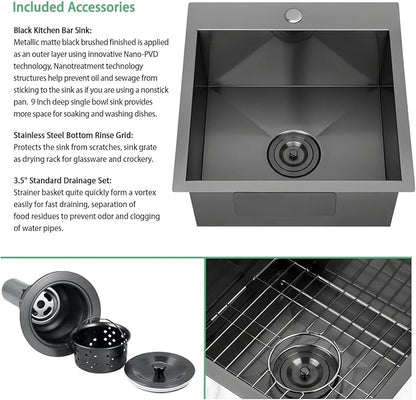 FRANIC 18" Handmade Black Bar Workstation Sink, 18" x 18" x 9" Stainless Steel Matte Nano Black Topmount Single Bowl Small Kitchen Outdoor Sink