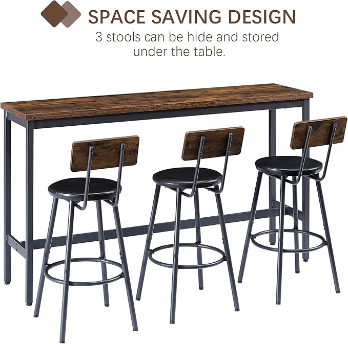 GNIXUU 4 Piece Long Bar Table and Chairs Set, Industrial Counter Height Dining Table Set with Sofa Bar Table and 3 Upholstered Stools with backrest for Breakfast Nook Living Room Small Space(Brown)