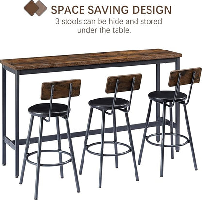 GNIXUU 4 Piece Long Bar Table and Chairs Set, Industrial Counter Height Dining Table Set with Sofa Bar Table and 3 Upholstered Stools with backrest for Breakfast Nook Living Room Small Space(Brown)
