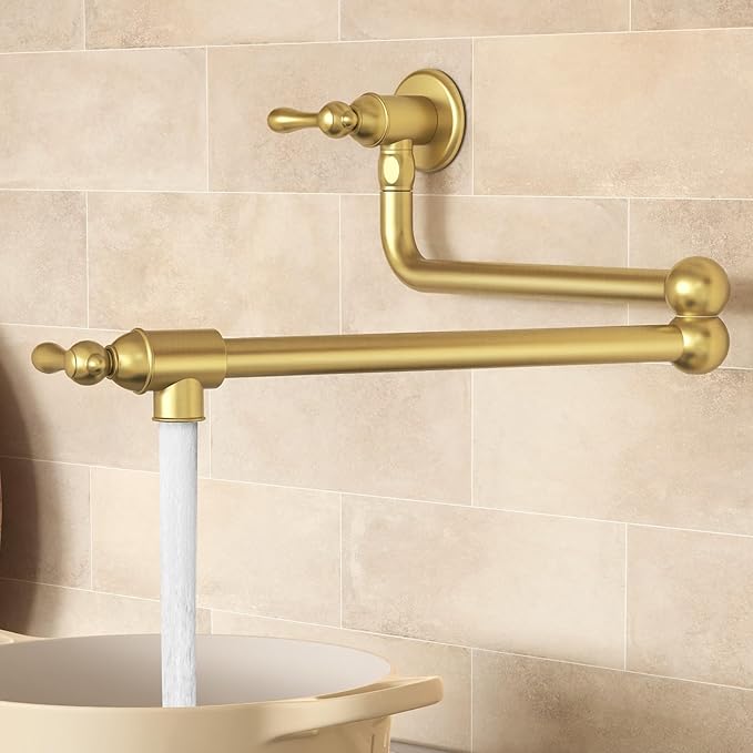 KES Upside Down Pot Filler Faucet with Heat-Resistant Cartridge, 26'' No Lead Vintage Pot Filler Faucet with Double Joint Swing Arm, Wall Mount, 18/8 Stainless Steel, Brushed Gold, KN928S24LF-BZ