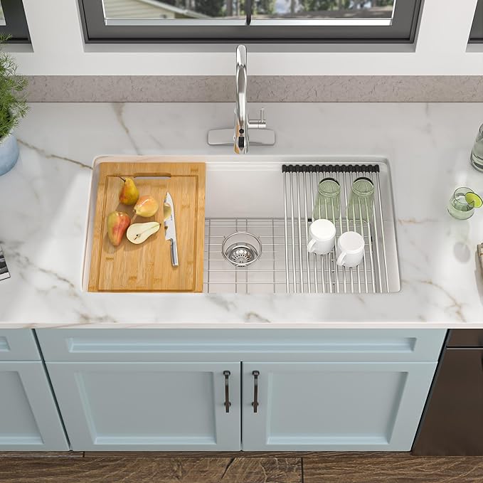 33"x19" Granite Composite Kitchen Sink - Undermount White Granite Quartz Classic Ledge Workstation Under Counter Single Bowl Basin