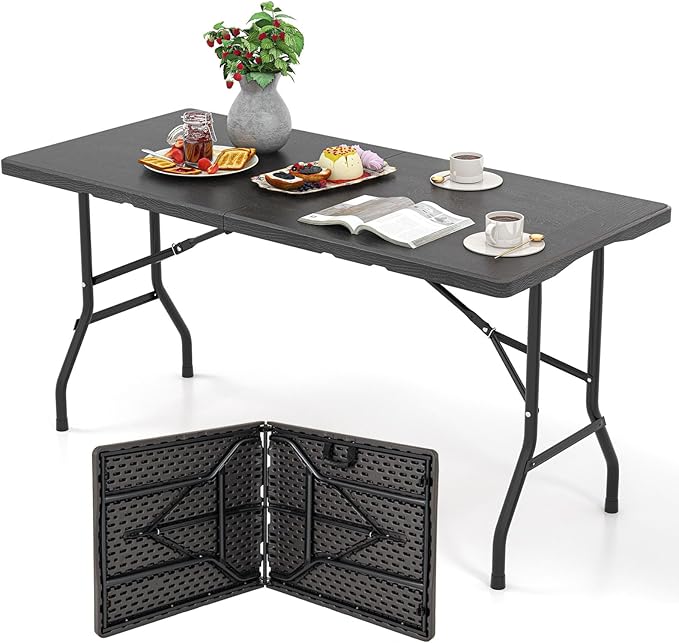 Goplus 5ft Folding Table, Indoor Outdoor Foldable Plastic Folding Tables, Heavy-Duty Rectangular Fold Up Table w/Handle, Portable Utility Card Table for Picnic, Party, Dining, Camping, Beach, Black