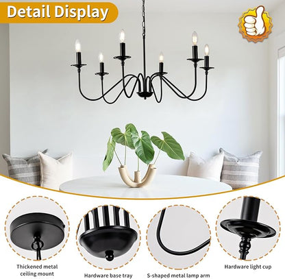 Black Farmhouse Chandeliers, 6 Light S-Arm Modern Candle Hanging Pendant Light, Industrial Rustic Metal Ceiling Kitchen Island Light for Living Room, Entryway, Foyer, Bedroom, Dining Room