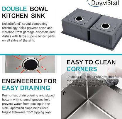 31" x 18" Silver Double Bowl Kitchen Sink, Drop-in/Topmount Overmount Kitchen Sinks with 304 Nano-Coated and Drainage Pipes & Fruit Basket