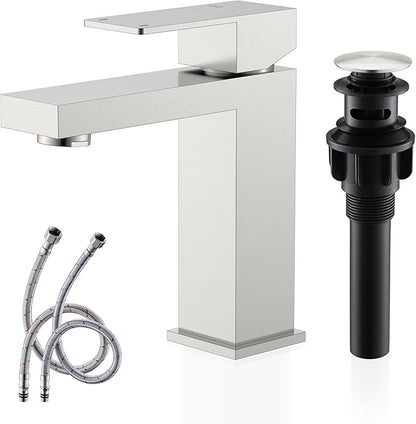 KENES Single Handle Bathroom Sink Faucet, Brushed Nickel Vanity Faucet for Bathroom Sink, with Pop Up Drain Stopper & Water Supply Lines LJ-9031