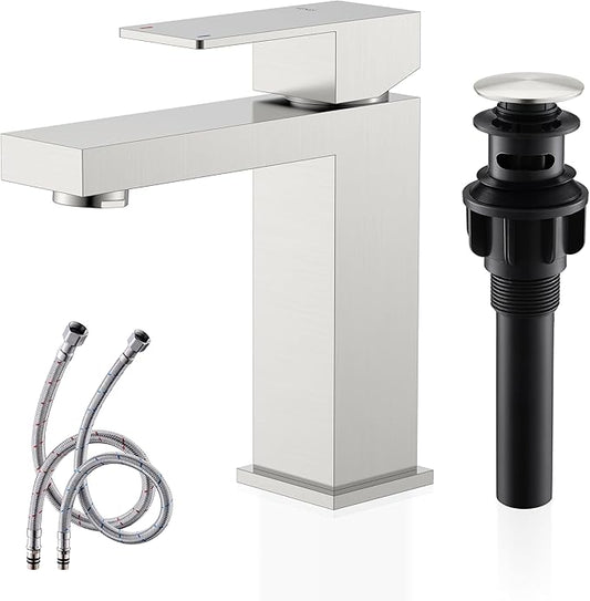 KENES Single Handle Bathroom Sink Faucet, Brushed Nickel Vanity Faucet for Bathroom Sink, with Pop Up Drain Stopper & Water Supply Lines LJ-9031