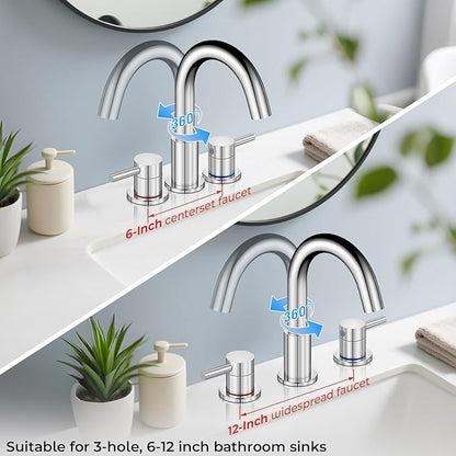 Bathroom Faucet 3 Hole, Chrome Bathroom Sink Faucet with Pop Up Drain, 8 inch Widespread Bathroom Faucet with 360° Swivel Spout, 2 Handle Vanity Faucet with Water Supply Hoses