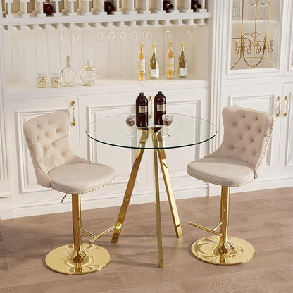 yeag 31.5'' Modern Round Glass Bar Table Set for 2, Luxury Gold Bistro Pub Table & 2 Adjustable Metal Bar Stools Velvet Swivel Counter Height Stools (Gold Metal Legs, Clear Top + Beige Chair)