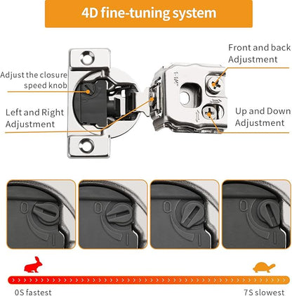 Chibery 2 Pack 1-1/4" 4D Overlay Soft Close Concealed Hinges for Face Frame Door, Control Closing Speed, Smooth Slow Self Close Hinges, Satin Nickel, 105° Open Angle Stainless Steel Cabinet Hinges