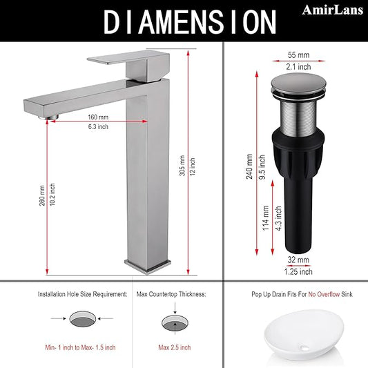 Brushed Nickel Vessel Sink Faucet, Tall Bathroom Faucet Single Hole Single Handle, Brushed Nickel Tall Bathroom Sink Faucet with Pop Up Drain, AML-11411-BN