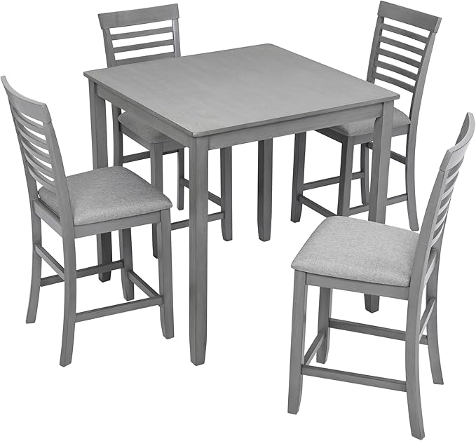 5-Piece Counter Height Dining Table Set for 4, Solid Wood Square Kitchen Table with 4 Upholstered Ladder-Back Chairs, Modern Gray Dining Set for Kitchen and Dining Room