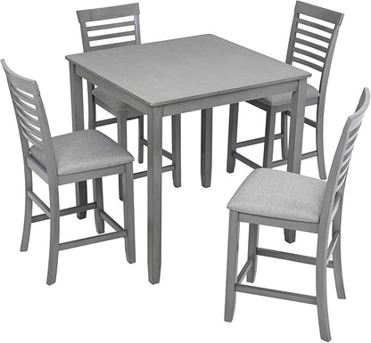 5-Piece Counter Height Dining Table Set for 4, Solid Wood Square Kitchen Table with 4 Upholstered Ladder-Back Chairs, Modern Gray Dining Set for Kitchen and Dining Room