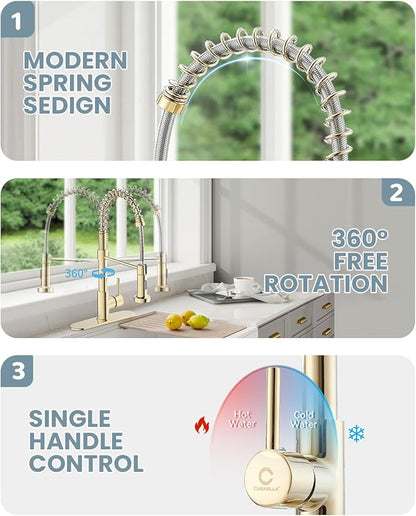 Gold Kitchen Faucet with Soap Dispenser, Pull Down Kitchen Faucet with Sprayer, Single Handle Kitchen Sink Faucet with Dual Function Spray Head, Camper Laundry RV Faucet,PVD