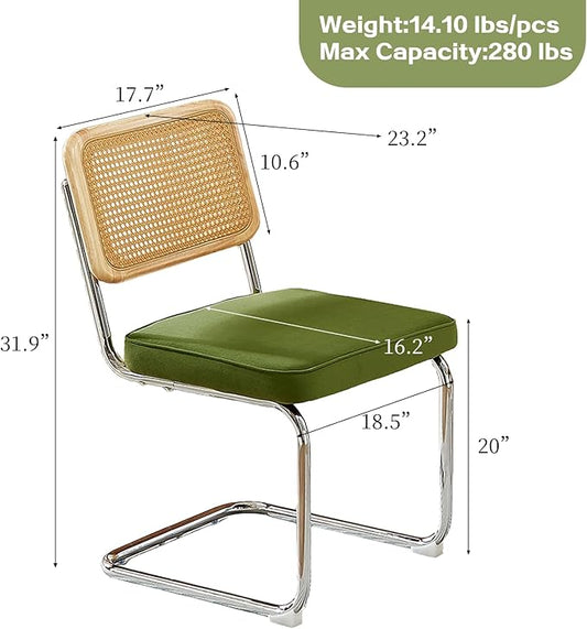 Rattan Back Velvet Dining Chair Set of 6 Modern Breuer Designed Stainless Chrome Base Armless Upholstered Dining Chair for Dining Room, Kitchen Island(Olive Green)