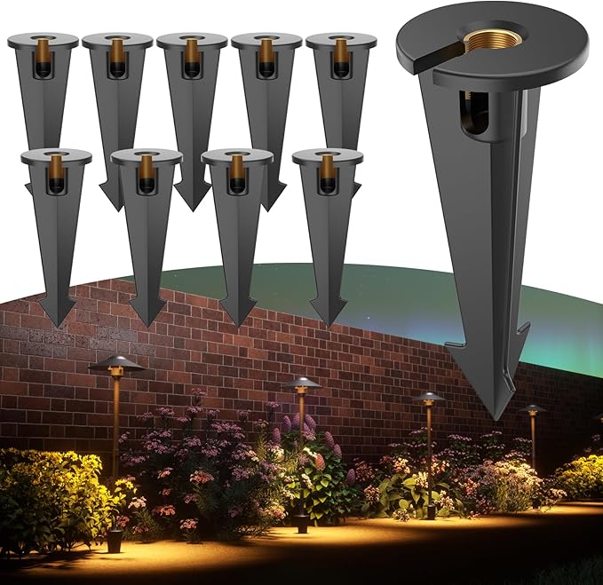 Landscape Lighting Stakes Replacement, Outdoor Light Stakes, 1/2 NPT Female Thread, 9.5" Ground Light Spikes with Brass Thread, Garden Yard Stake for Pathway Walkway Lights Spotlights 10PCS
