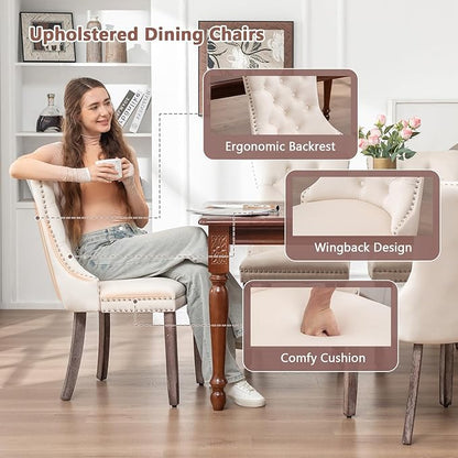 Eifizek Velvet Dining Chairs Set of 4, Upholstered Dining Room Chairs with Nailhead Ring Pull Trim, Button Tufted Wing Back Chairs for Dining with Solid Wood Legs for Kitchen Dining Room(Beige)