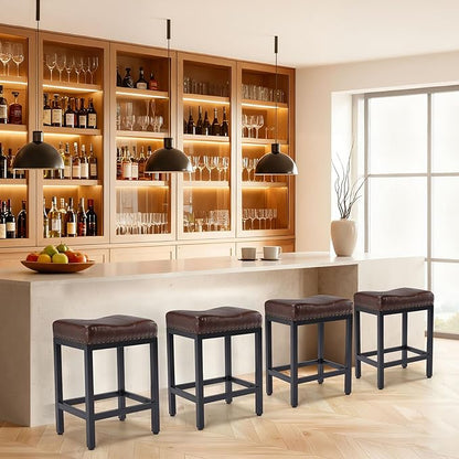 DUMOS Saddle Bar Stools Set of 4, 24 Inch Counter Height Stools with Curved PU Leather Surface, 3.7" Thick Upholstery Bar Height Stools with Footrest for Kitchen Island, Dining, Cafe, Modern Brown