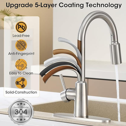 Kitchen Faucet with Pull Down Sprayer, High Arc Single Handle Brushed Nickel Stainless Steel 1 or 3 Hole Faucet for Kitchen Sink, Farmhouse, RV, Laundry, Bar, Outdoor