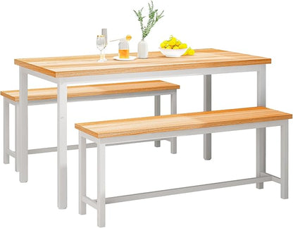 Lamerge Dining Room Table Set with 2 Benches, Dining Table Set for 4-6, Kitchen Table Set for Home Kitchen, Dining Room, Restaurant, Space Saving, Rustic, 3 Pieces Dining Furniture Set (04-Beige)