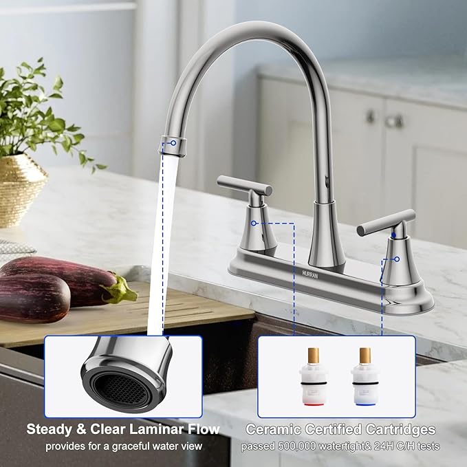 HURRAN 2 Handle Kitchen Sink Faucet, 8 Inch High Arc 360°Swivel Kitchen Sink Faucet, 3 Hole Kitchen Faucet Without Side Sprayer, Centerset RV Kitchen Faucet with Stainless Steel Pipe, Chrome