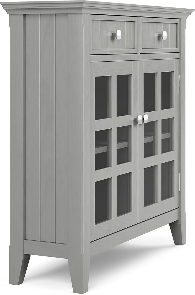 SIMPLIHOME Acadian Storage Cabinet - 36 inch Wide Solid Wood Entryway Storage Cabinet in Fog Grey, Transitional Cabinet for Hallway or Living Room with 2 Drawers and Adjustable Shelves