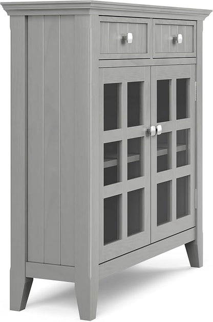 SIMPLIHOME Acadian Storage Cabinet - 36 inch Wide Solid Wood Entryway Storage Cabinet in Fog Grey, Transitional Cabinet for Hallway or Living Room with 2 Drawers and Adjustable Shelves