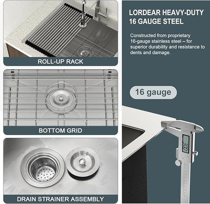 Lordear 12 Inch Deep Drop In Laundry Sink with Faucet 25x22 Inch Topmount Utility Sink 16 Gauge Stainless Steel Single Bowl for Laundry Room 25"x22"x12"