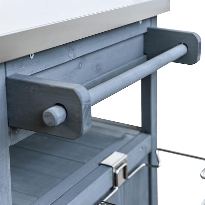 YOPTO 40.5" Outdoor Grill Cart,Stainless Steel Top,Fir Wood Cabinet,Drop Leaf,Lockable Wheels,Ample Storage,Towel Rack,Spice Rack,Bottle Opener,Blue Grey
