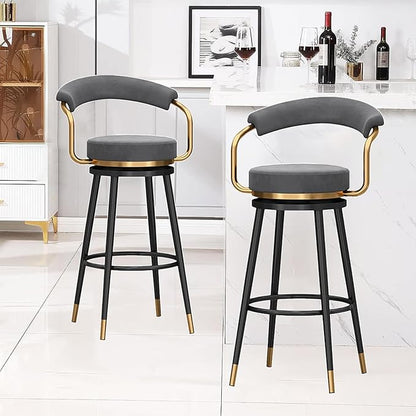 Swivel stools 1PC, Velvet Upholstered Stools with Hollow Back, Metal Chair Legs & Footrest for Kitchen Island Dining Room Pub Home, Seat Height 65cm, Black (Grey Seat Height 65cm)