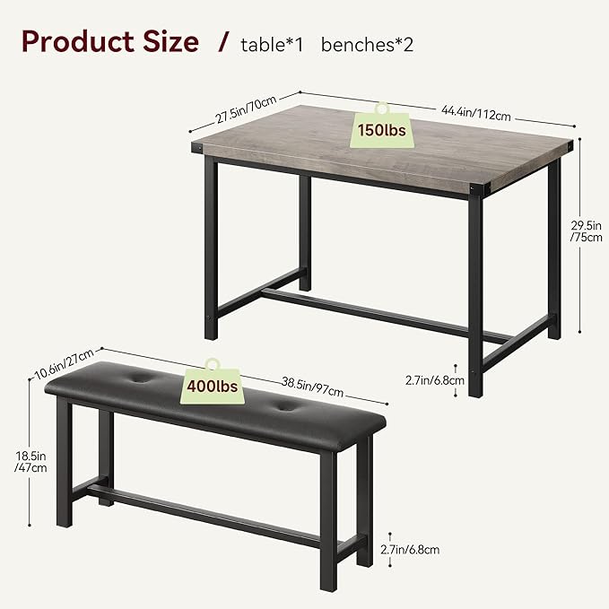 Amyove Dining Table Set for 4, 3 Piece Kitchen Table Set, Dining Table Set with 2 Upholstered Benches, Rectangular Kitchen Table Set for Apartment, Small Space, Retro Gray