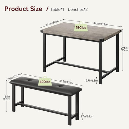 Amyove Dining Table Set for 4, 3 Piece Kitchen Table Set, Dining Table Set with 2 Upholstered Benches, Rectangular Kitchen Table Set for Apartment, Small Space, Retro Gray
