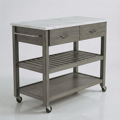 Casaphoria Amanda Collection Solid Wood Kitchen Island, 42" Butcher Block Cart with Cultured Marble Top & Locable Wheels, Prep Table for Small Spaces (Weathered Gray)