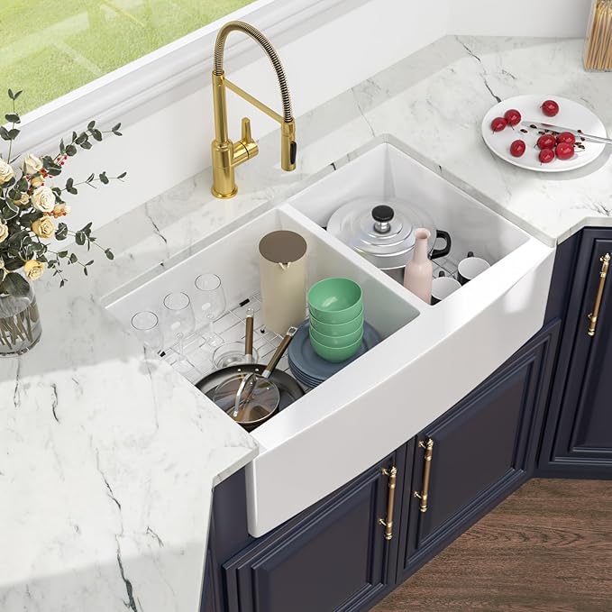 Kichae 33 White Farmhouse Sink Double Bowl - Kichae 33x21 Inch Kitchen Sink Apron Front Fireclay Ceramic Porcelain White Double Basin 60/40 Kitchen Sink