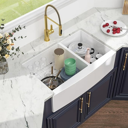 Kichae 33 White Farmhouse Sink Double Bowl - Kichae 33x21 Inch Kitchen Sink Apron Front Fireclay Ceramic Porcelain White Double Basin 60/40 Kitchen Sink