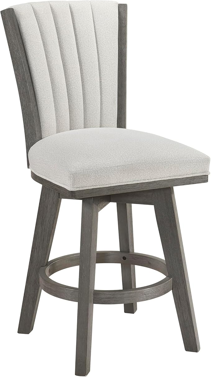 Lexicon Swivel Counter Stools Set of 2, Wood Frame Counter Height Stools with Footrest and Back, for Kitchen Island, Dining Room, 25" SH, Grey Finish and Thick Beige Velvet Cushion Seat