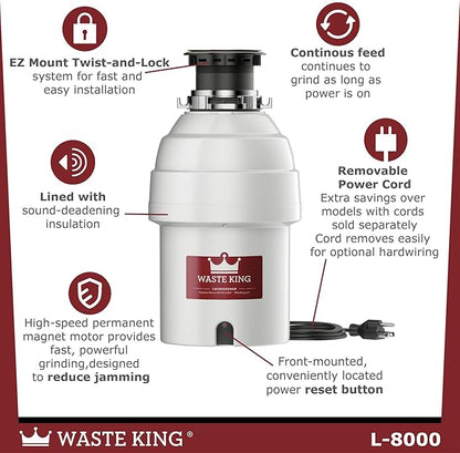 Waste King Garbage Disposal for Kitchen Sink with Power Cord, Food Waste Disposer, L-8000