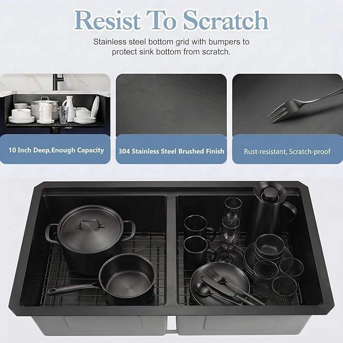 Black Undermount Kitchen Sink 30 x 18 Inch, 50/50 Double Bowl Kitchen Sinks, 16 Gauge Stainless Steel Workstation Sink with Ledge & Accessories, 30" x 18"x 10" Large and Deep Double Sink