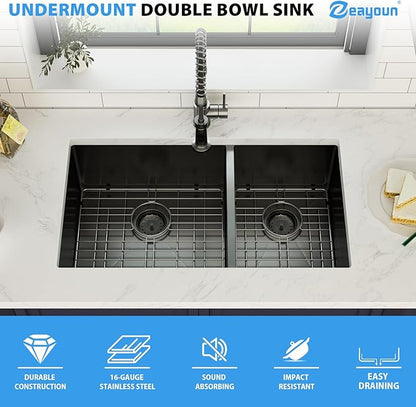 33 Inch Black Undermount Double Sink 16 Gague Stainless Steel Double Undermount Kitchen Sinks 60/40 Large Deep Double Bowl Kitchen Sinks 33"x19"x10"