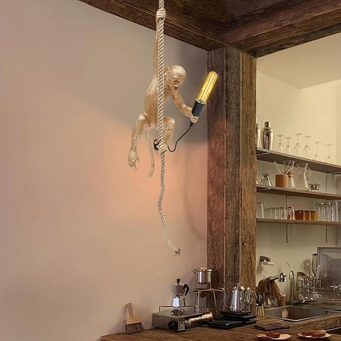 Vintage Monkey Pendant Light Retro Resin Hemp Rope Monkey Lamp 13.7 x 78.7 Inch Hanging Light Fixture E26 Chandelier Ceiling Pendant Lamp for Dining Living Room Bar Cafe (Gold - Pendant Light)