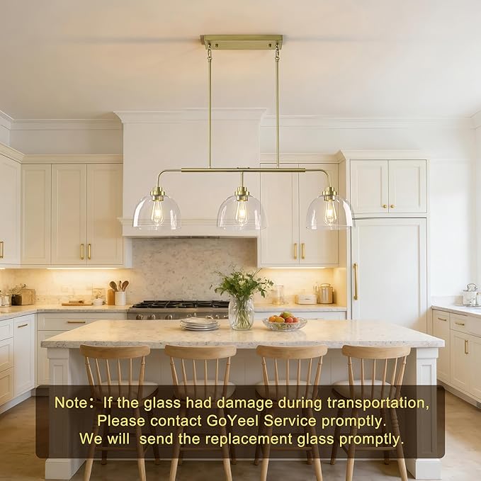 Dining Room Light Fixtures over Table, Large Kitchen Island Lights Modern Farmhouse Chandelier Vintage Brushed Gold Rectangle Chandelier Light Fixture with 3 Big Clear Glass Dome,Height Adjustable