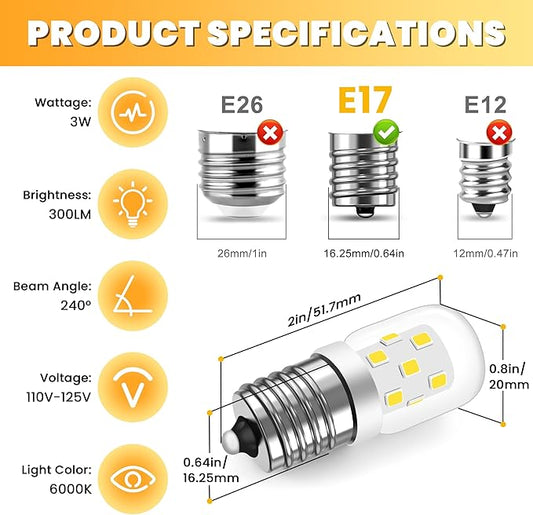 AMI PARTS E17 LED Light Bulb 3W Daylight White, 8206232A 40 Watt Appliance Bulb Incandescent Equivalent,for Microwave Light Bulbs Under Hood Refrigerators Oven (2 Packs 6000K Cool White) Non-dimmable