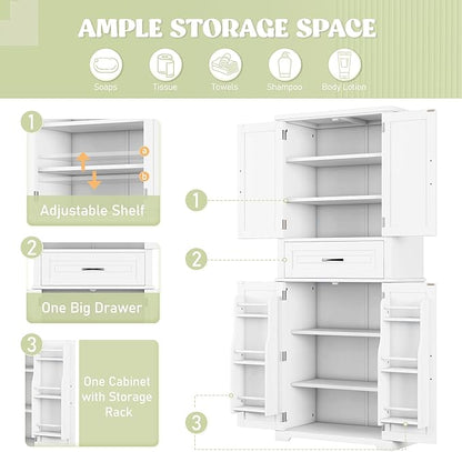 Merax 72" Tall Kitchen Pantry Storage Cabinet, Farmhouse Freestanding Large Cupboard with One Drawer, Bathroom Cabinet with Adjustable Shelves, 6 Door-Shelf for Dining Room, White