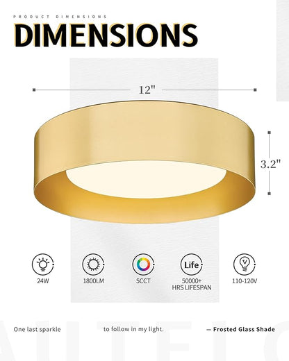 AUTELO 5CCT LED Ceiling Light, 12" Gold Flush Mount Ceiling Light with Frosted Glass in Gold Metal Finish for Bedroom, C3336-29 BRZ LED