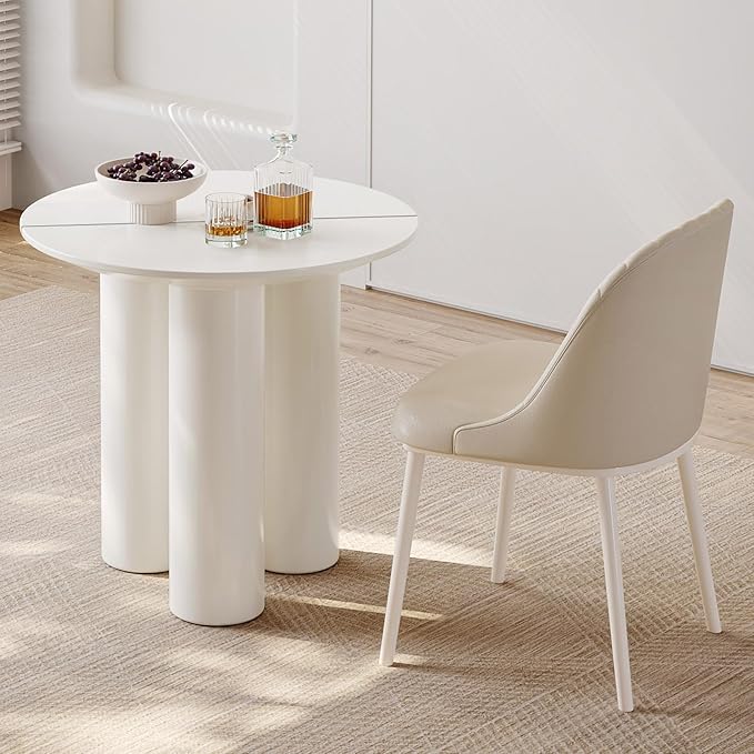 29.92" Cream White Round Dining Table Modern Rectangular Kitchen Table Minimalist Ripple Base Compact Space Saving Desk For Apartment Dining Room Home Furniture Easy Assembly Durable Wood Surface