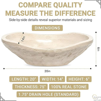 Shades of Nature Oval Travertine Vessel Sink – Natural Stone Wash Basin, Hand-Carved Bathroom Sink with Chiseled Exterior & Polished Interior, Above Counter Vanity Basin (Includes Matching Soap Tray)