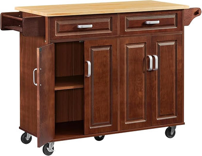 GOWE 54'' Portable Kitchen Island Cart on Wheels Wood Storage Cabinet with 2 Drawers, Spice Rack & Towel Rack, Walnut 53.78''W x 18.11''D x 35.47''H.