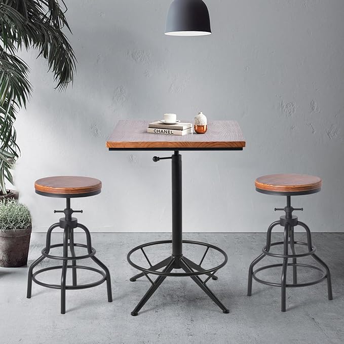 Industrail Metal Frame Wood top Square Kitchen Dining Table,Adjustable 23.62"*23.62"* H30.31-34.43"