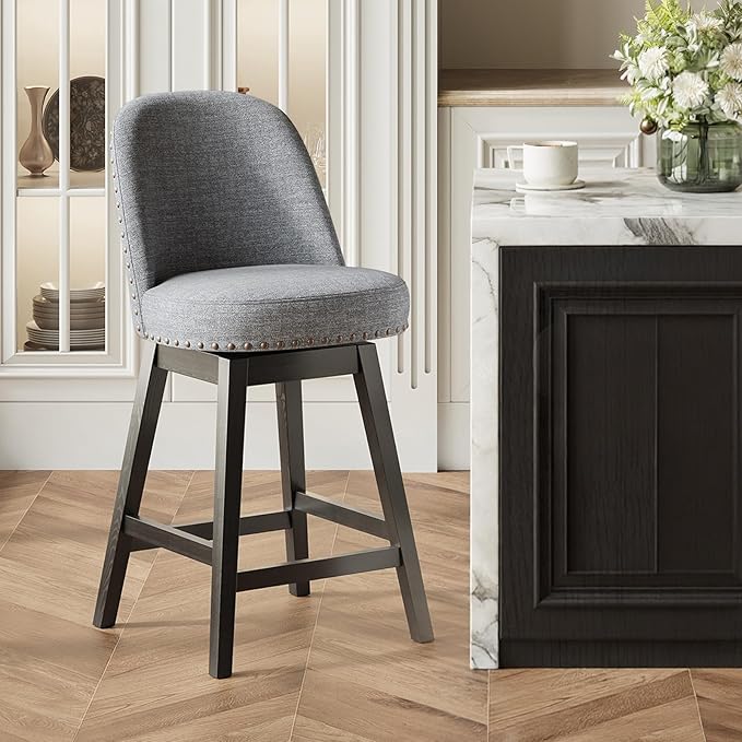 MALOL Swivel Bar Stool, Upholstered Fabric Mid Century Mondern Barstool, 26 inch Counter Height Bar Chair with Solid Back and Wood Legs, for Kitchen Island，Dark Grey